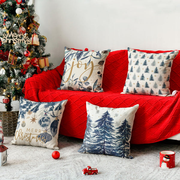 Set of 4 Blue Merry Christmas Trees Snowflake Throw Pillow Covers, 18 x 18 Inch