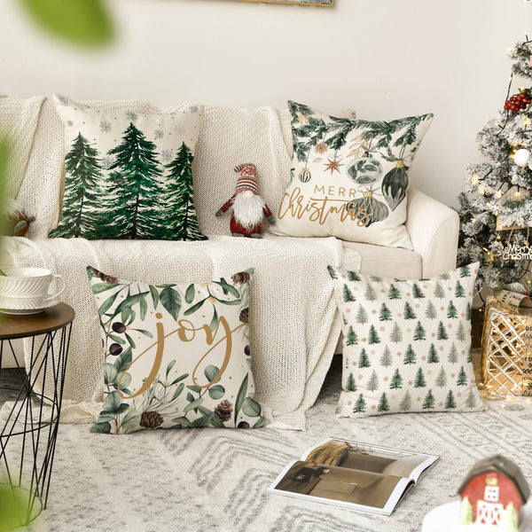 Set of 4 Merry Christmas Trees Snowflake Throw Pillow Covers, 18 x 18 Inch Joy Xmas Balls Winter Holiday Cushion Case
