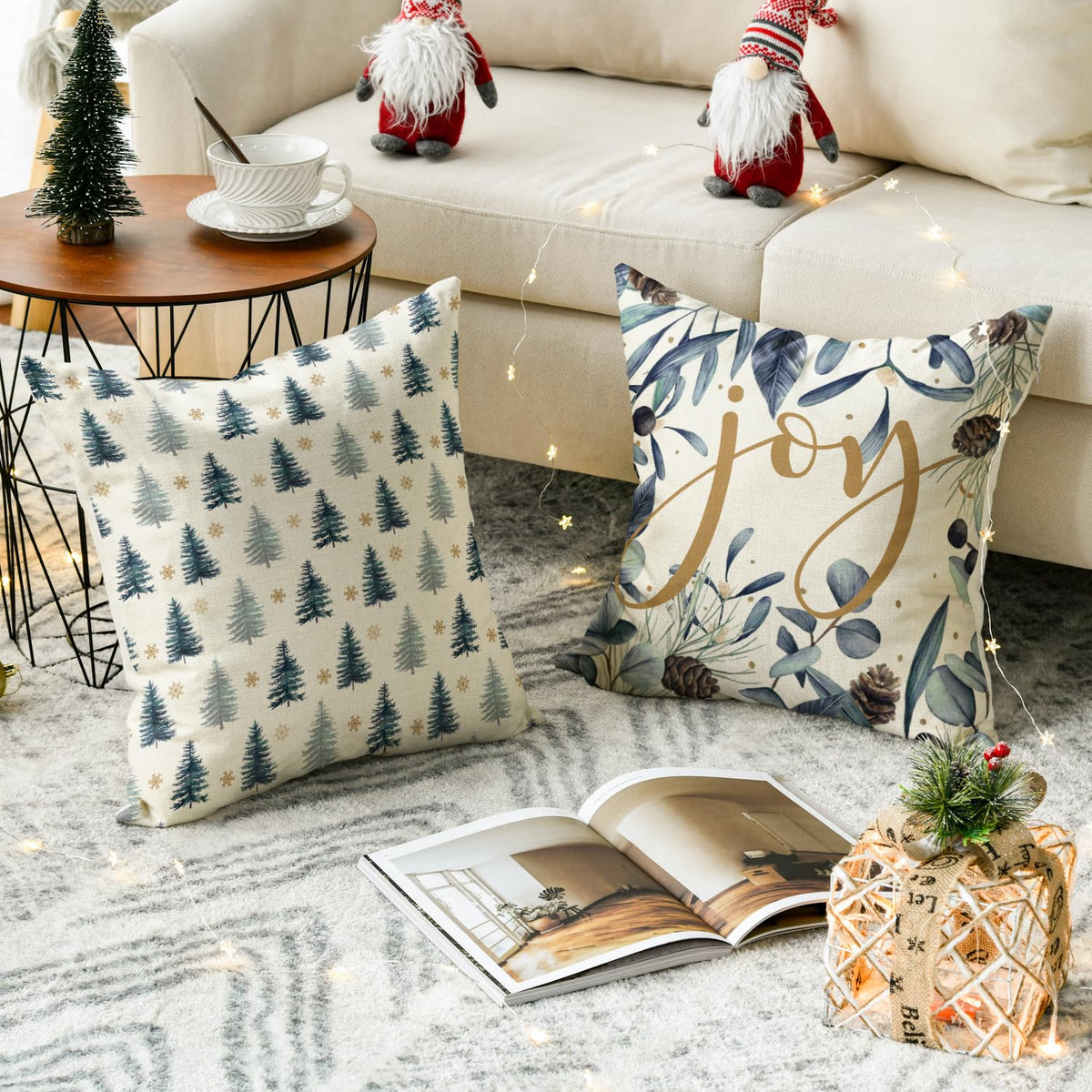 Set of 4 Blue Merry Christmas Trees Snowflake Throw Pillow Covers, 18 x 18 Inch