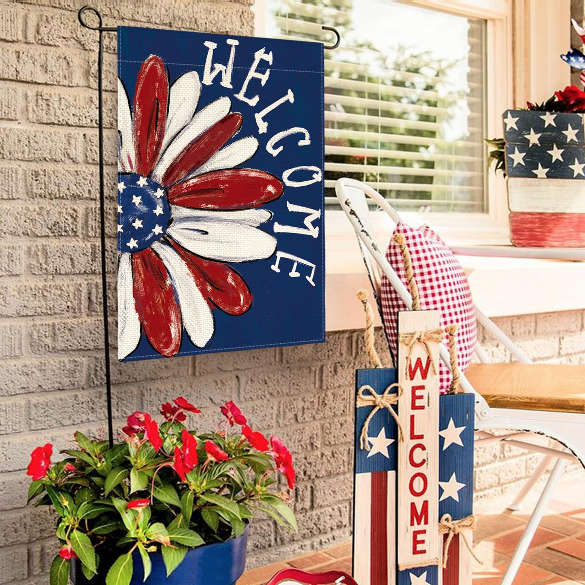 Patriotic 4th of July Garden Flag 12x18 Inch 1 Sided Outside, Memorial Day Floral Welcome