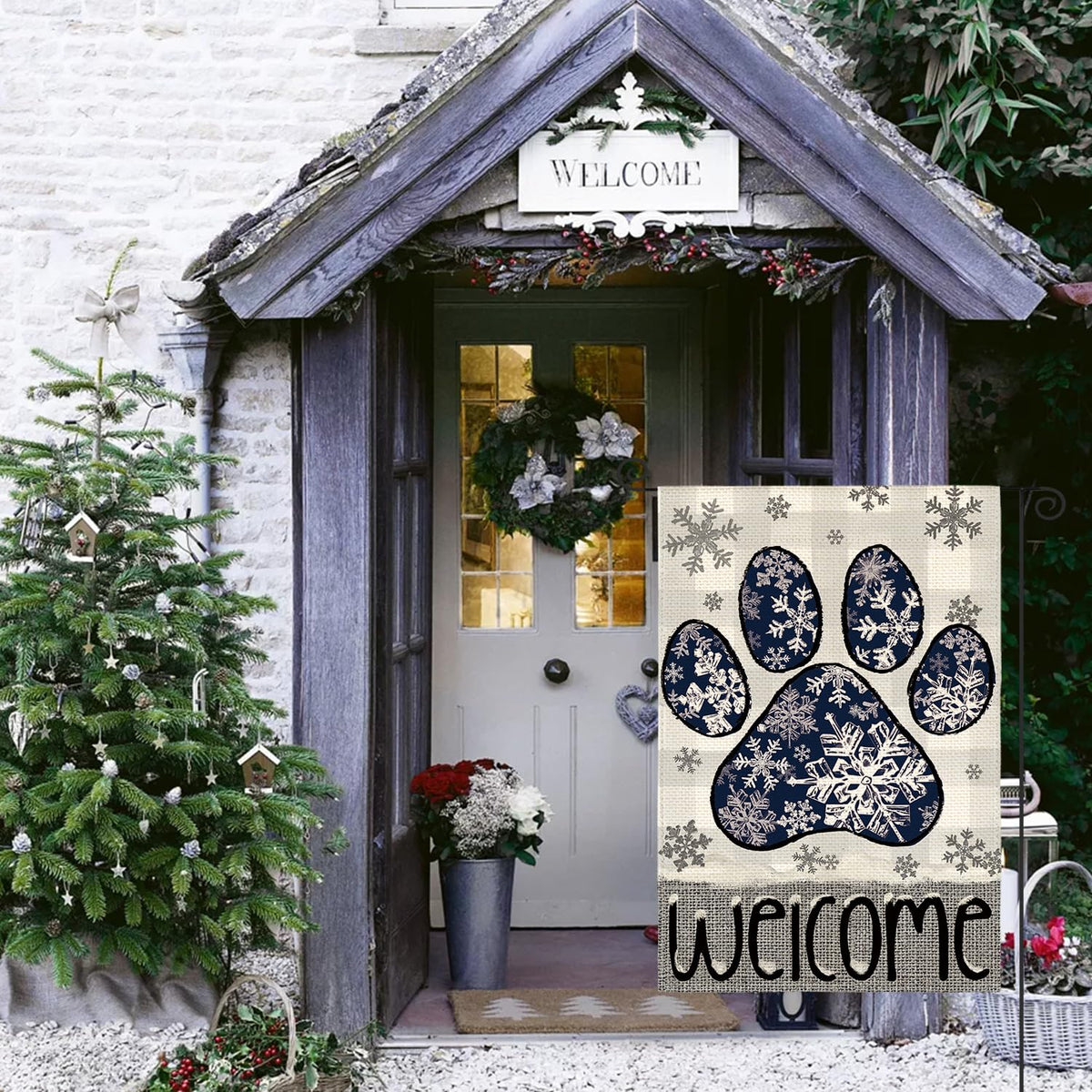 Snowflake Paw Print Winter Garden Flag 12x18 Inch 1 Sided Outside, Buffalo Plaid Welcome