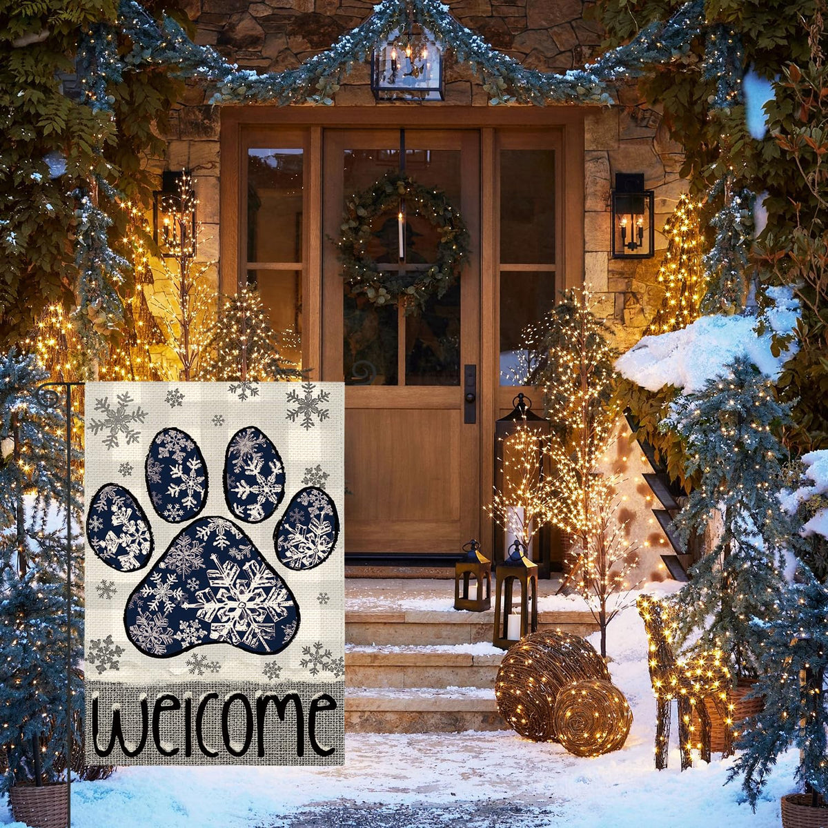 Snowflake Paw Print Winter Garden Flag 12x18 Inch 1 Sided Outside, Buffalo Plaid Welcome