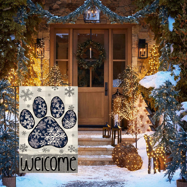 Snowflake Paw Print Winter Garden Flag 12x18 Inch 1 Sided Outside, Buffalo Plaid Welcome