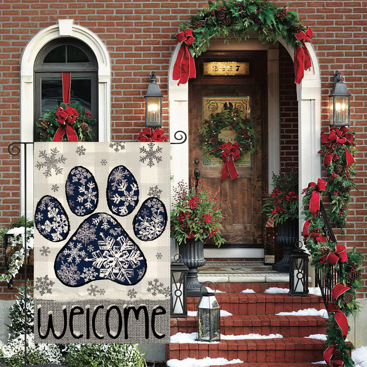Snowflake Paw Print Winter Garden Flag 12x18 Inch 1 Sided Outside, Buffalo Plaid Welcome
