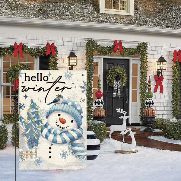 Snowman Cardinal Hello Winter Garden Flag 12x18 Inch 1 Sided, Polka Dot Winter Holiday