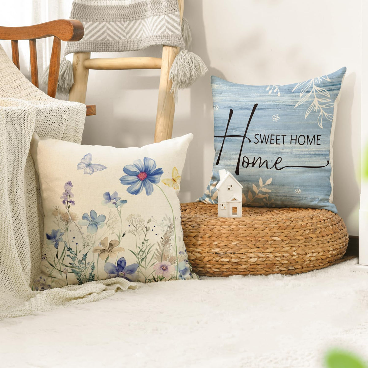 Spring Saying Flowers Butterfly Bird Throw Pillow Covers, 18 x 18 Inch