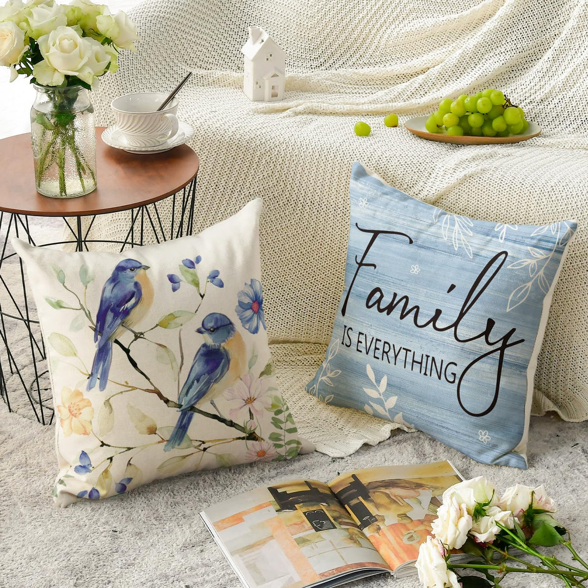 Spring Saying Flowers Butterfly Bird Throw Pillow Covers, 18 x 18 Inch