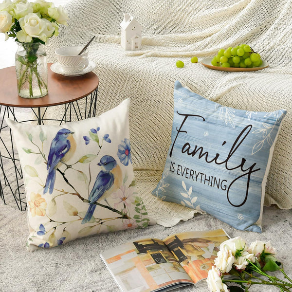 Spring Saying Flowers Butterfly Bird Throw Pillow Covers, 18 x 18 Inch