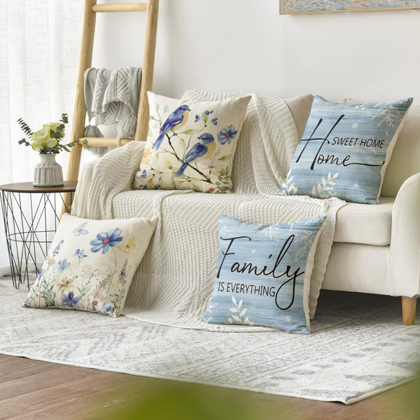 Spring Saying Flowers Butterfly Bird Throw Pillow Covers, 18 x 18 Inch