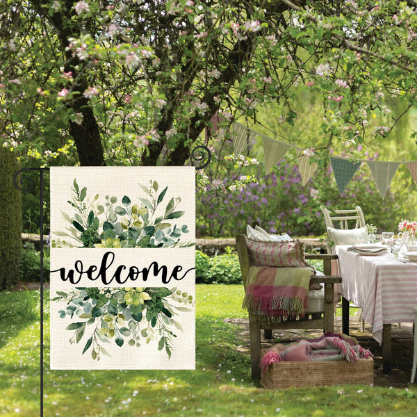 Spring Summer Floral Welcome Garden Flag 12x18 Inch Single Sided Outside, Eucalyptus Seasonal