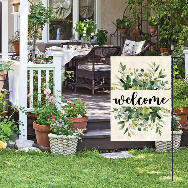 Spring Summer Floral Welcome Garden Flag 12x18 Inch Single Sided Outside, Eucalyptus Seasonal