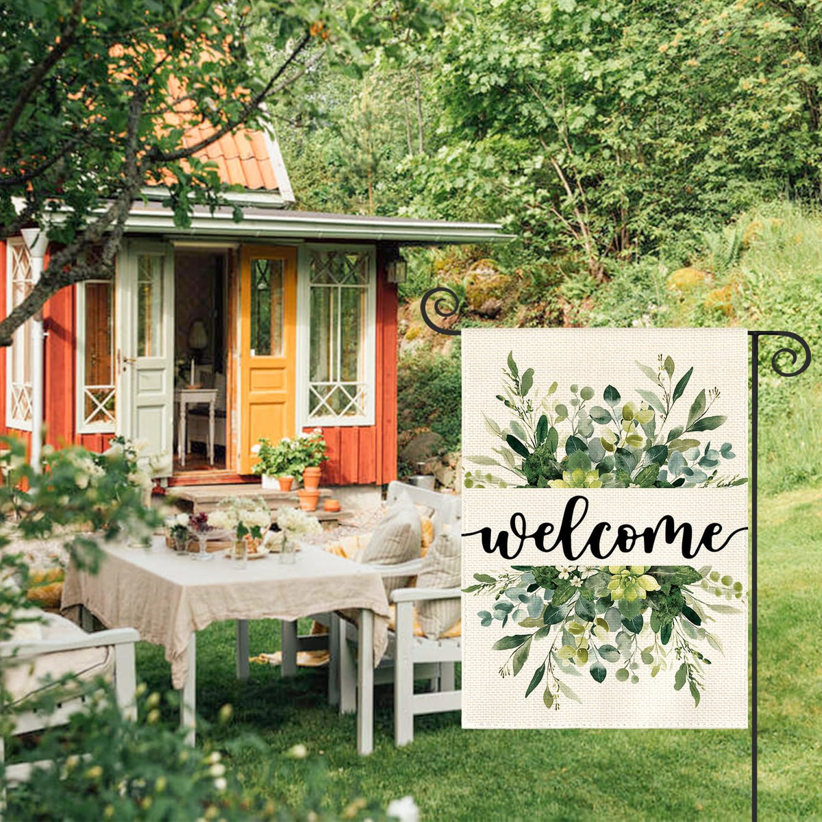 Spring Summer Floral Welcome Garden Flag 12x18 Inch Single Sided Outside, Eucalyptus Seasonal