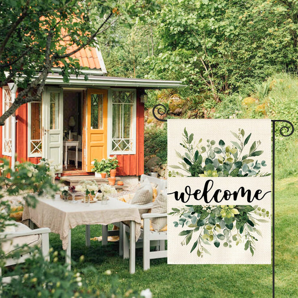 Spring Summer Floral Welcome Garden Flag 12x18 Inch Single Sided Outside, Eucalyptus Seasonal