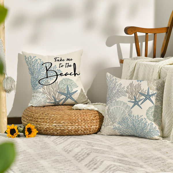 Take Me to The Beach Summer Throw Pillow Covers, 18 x 18 Inch Blue Ocean Starfish Summer Cushion Case