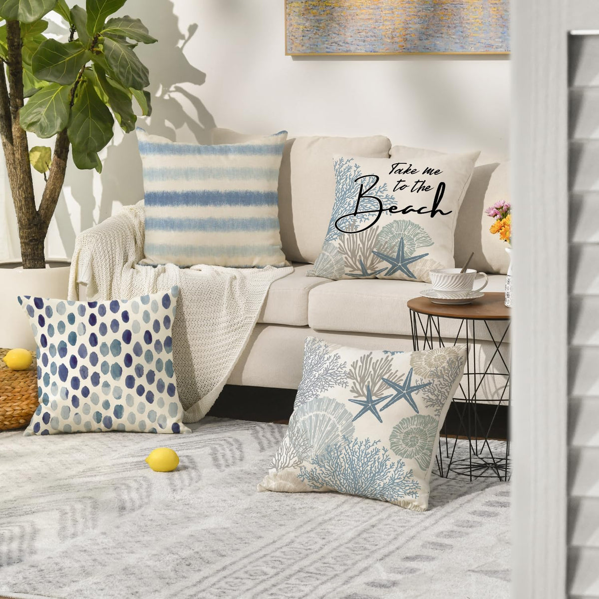 Take Me to The Beach Summer Throw Pillow Covers, 18 x 18 Inch Blue Ocean Starfish Summer Cushion Case