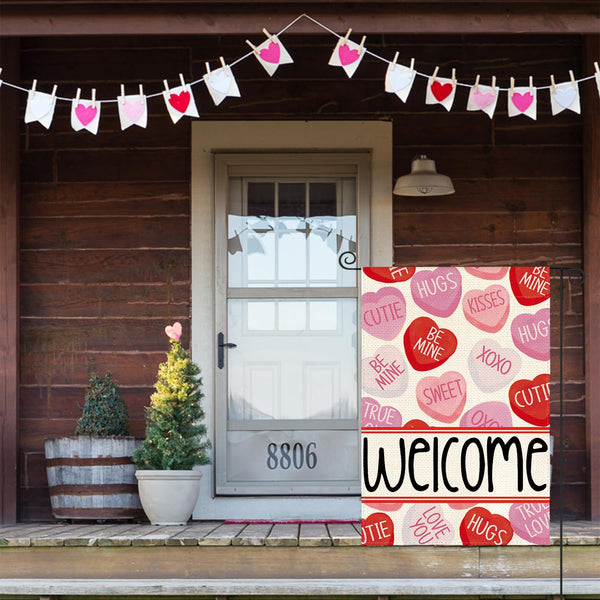 Valentines Day Garden Flag 12x18 Inch 1 Sided Outside, Welcome Candy Love Hearts Anniversary