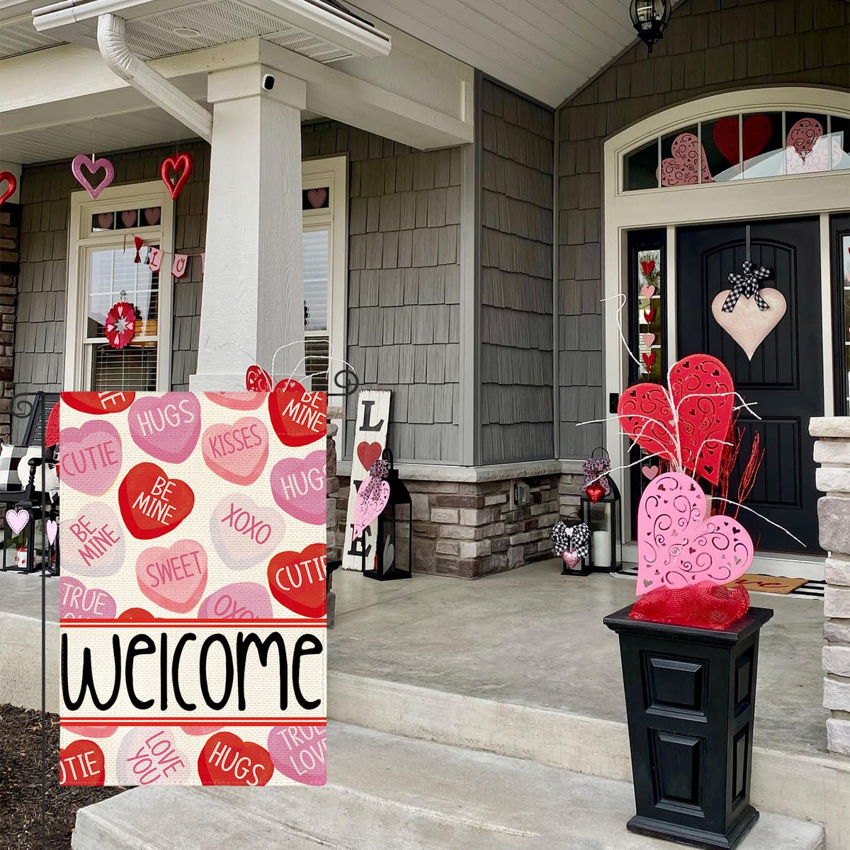 Valentines Day Garden Flag 12x18 Inch 1 Sided Outside, Welcome Candy Love Hearts Anniversary
