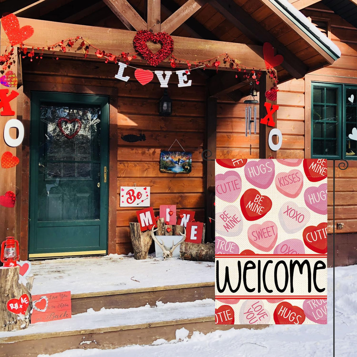 Valentines Day Garden Flag 12x18 Inch 1 Sided Outside, Welcome Candy Love Hearts Anniversary