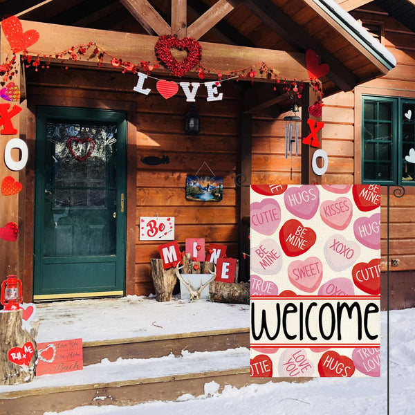 Valentines Day Garden Flag 12x18 Inch 1 Sided Outside, Welcome Candy Love Hearts Anniversary