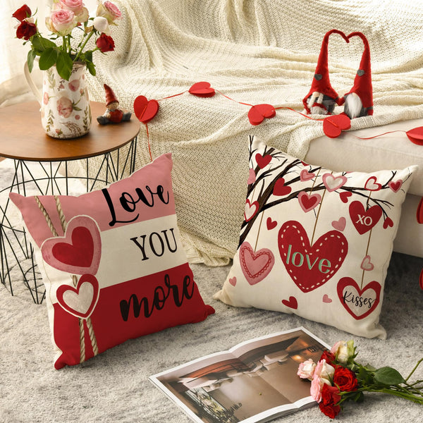 Valentine's Day Hugs and Kisses Love You More Throw Pillow Covers, 18 x 18 Inch Valentine Heart Stripes