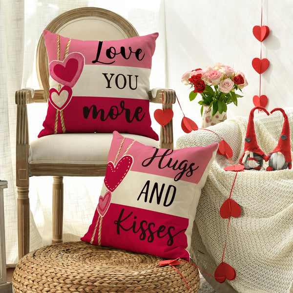 Valentine's Day Hugs and Kisses Love You More Throw Pillow Covers, 18 x 18 Inch Valentine Heart Stripes