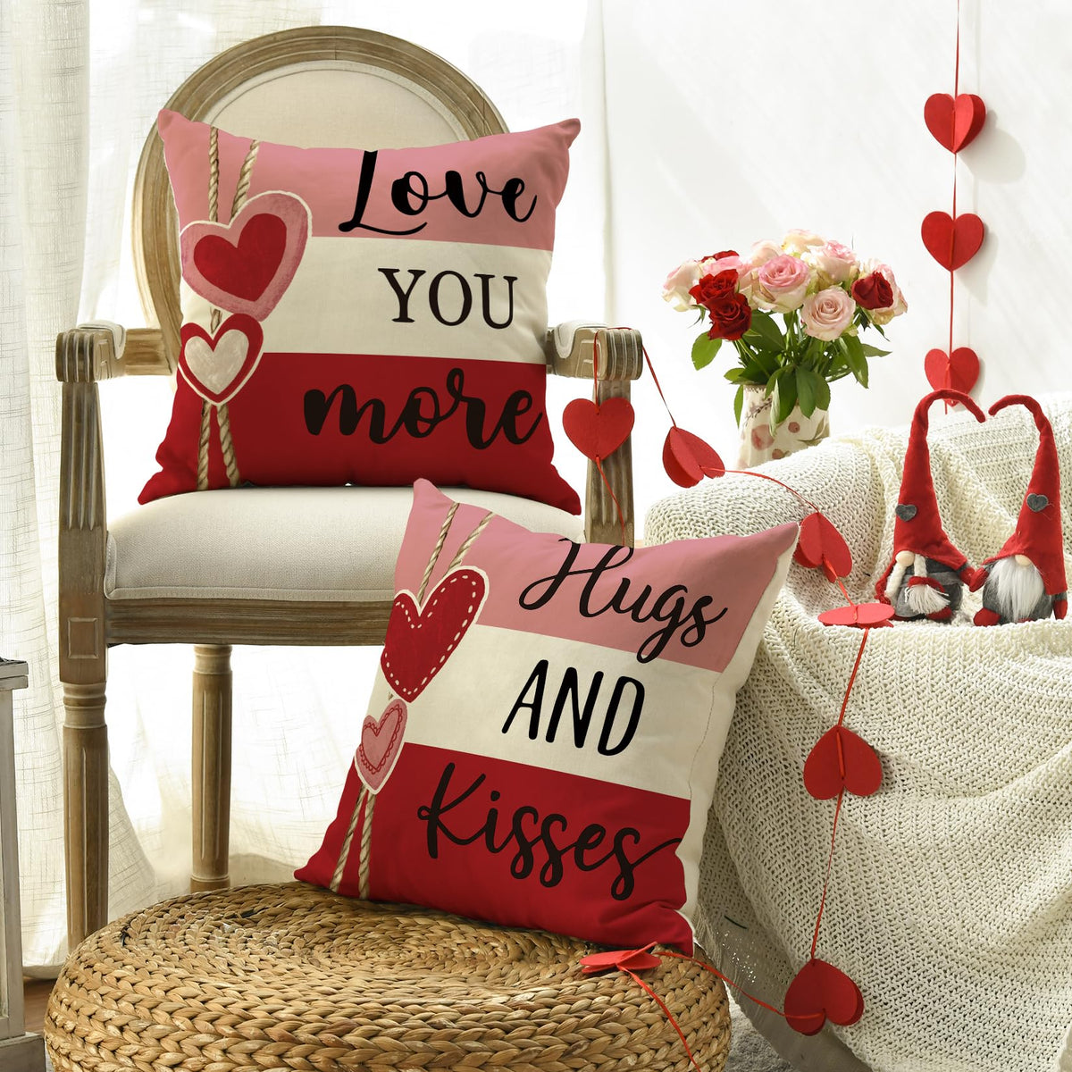Valentine's Day Hugs and Kisses Love You More Throw Pillow Covers, 18 x 18 Inch Valentine Heart Stripes