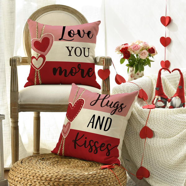 Valentine's Day Hugs and Kisses Love You More Throw Pillow Covers, 18 x 18 Inch Valentine Heart Stripes