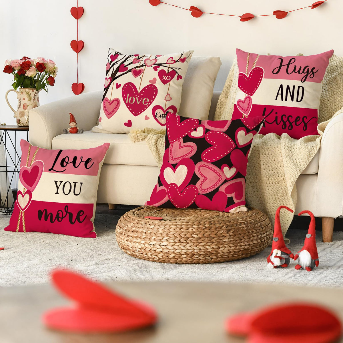 Valentine's Day Hugs and Kisses Love You More Throw Pillow Covers, 18 x 18 Inch Valentine Heart Stripes
