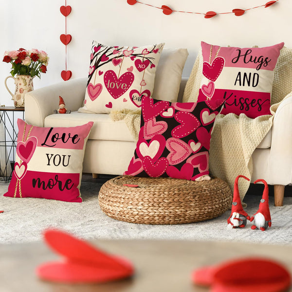 Valentine's Day Hugs and Kisses Love You More Throw Pillow Covers, 18 x 18 Inch Valentine Heart Stripes
