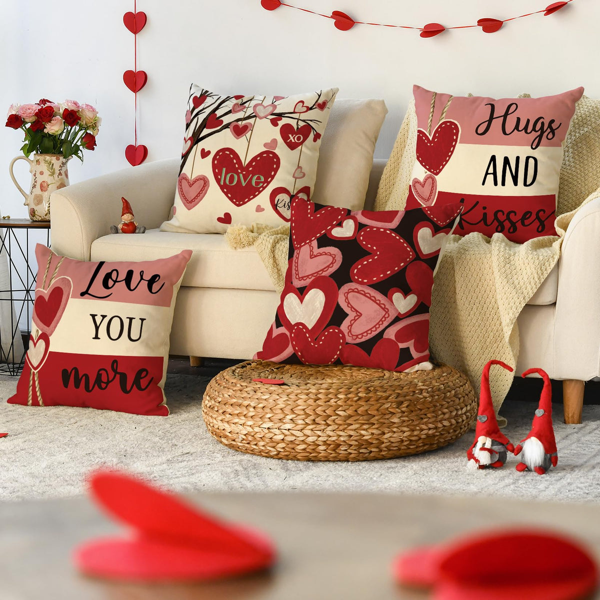 Valentine's Day Hugs and Kisses Love You More Throw Pillow Covers, 18 x 18 Inch Valentine Heart Stripes