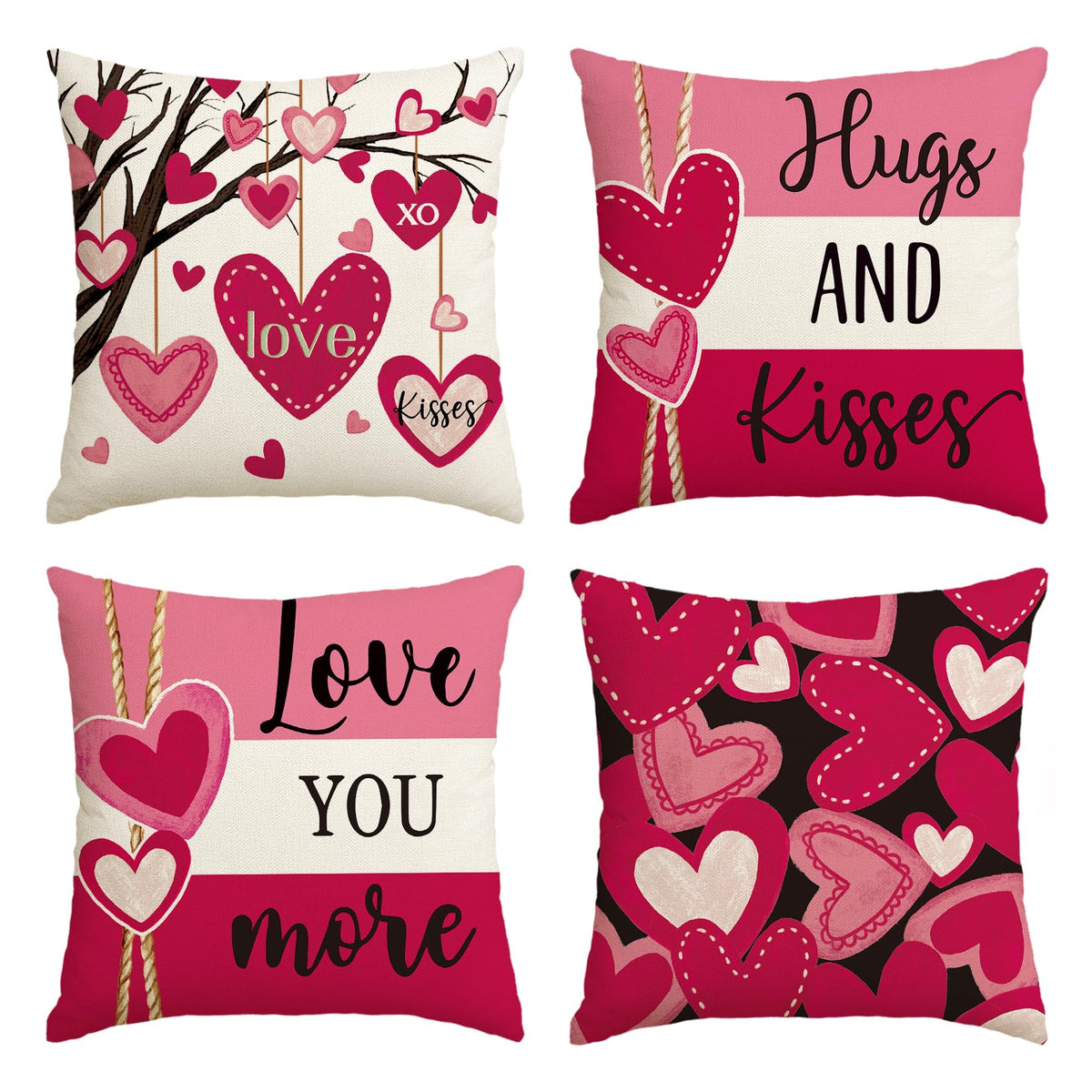 Valentine's Day Hugs and Kisses Love You More Throw Pillow Covers, 18 x 18 Inch Valentine Heart Stripes