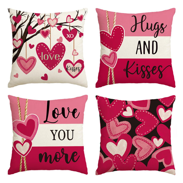 Valentine's Day Hugs and Kisses Love You More Throw Pillow Covers, 18 x 18 Inch Valentine Heart Stripes