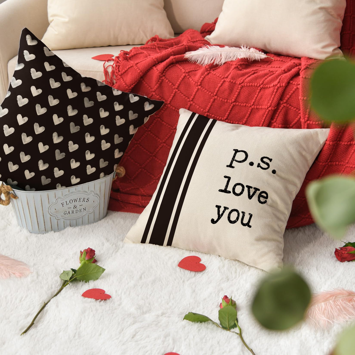 Valentine's Day I Love You Throw Pillow Covers, 18 x 18 Inch Valentine Heart Black and White Stripes p.s. Love You