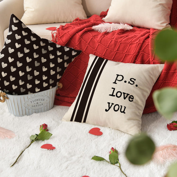 Valentine's Day I Love You Throw Pillow Covers, 18 x 18 Inch Valentine Heart Black and White Stripes p.s. Love You