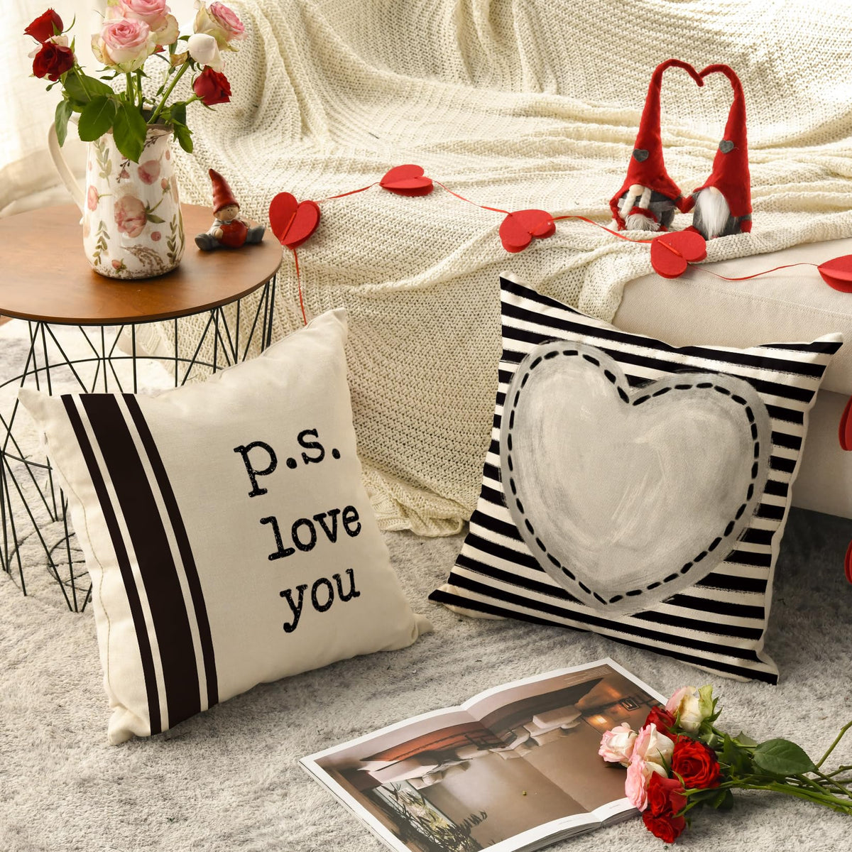 Valentine's Day I Love You Throw Pillow Covers, 18 x 18 Inch Valentine Heart Black and White Stripes p.s. Love You