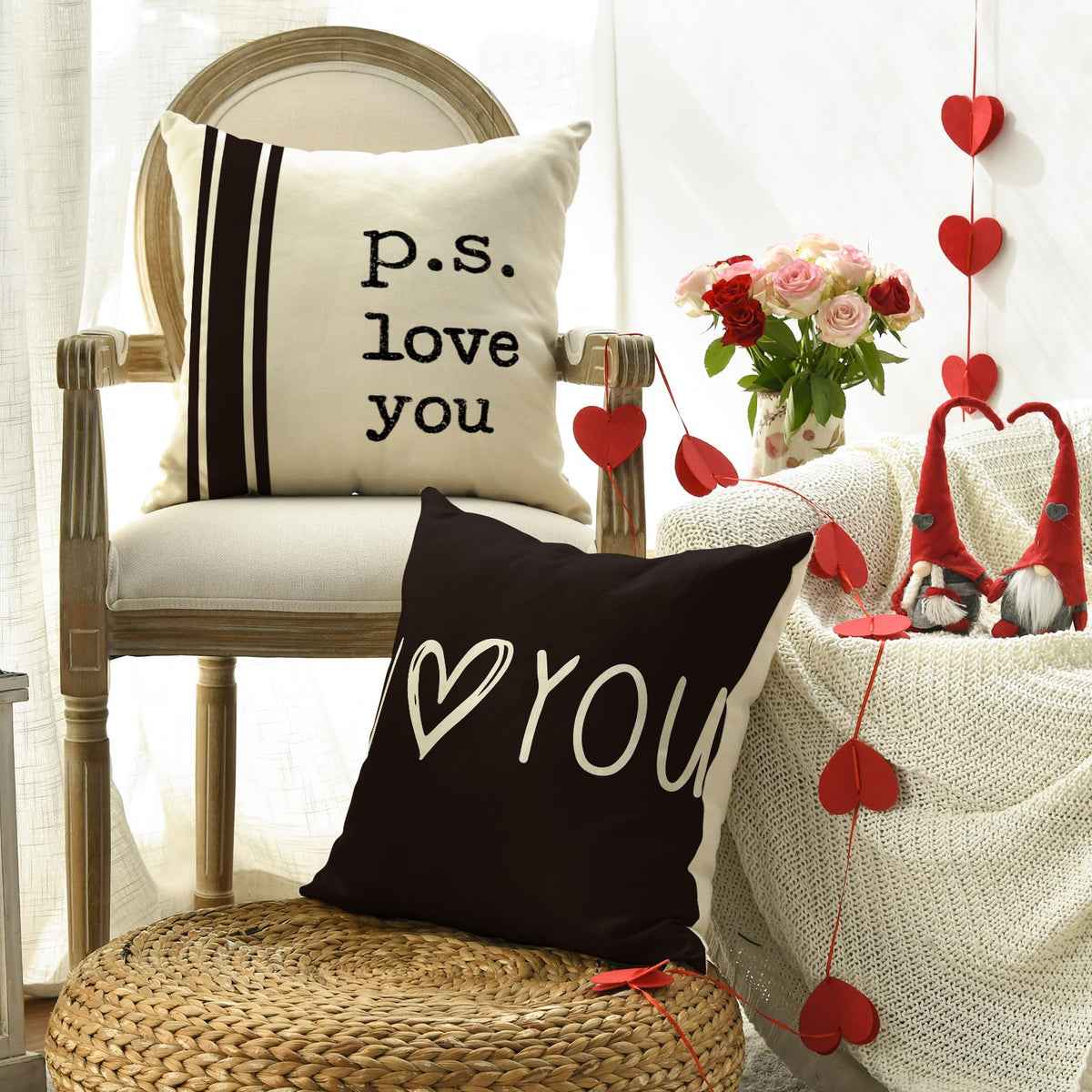 Valentine's Day I Love You Throw Pillow Covers, 18 x 18 Inch Valentine Heart Black and White Stripes p.s. Love You