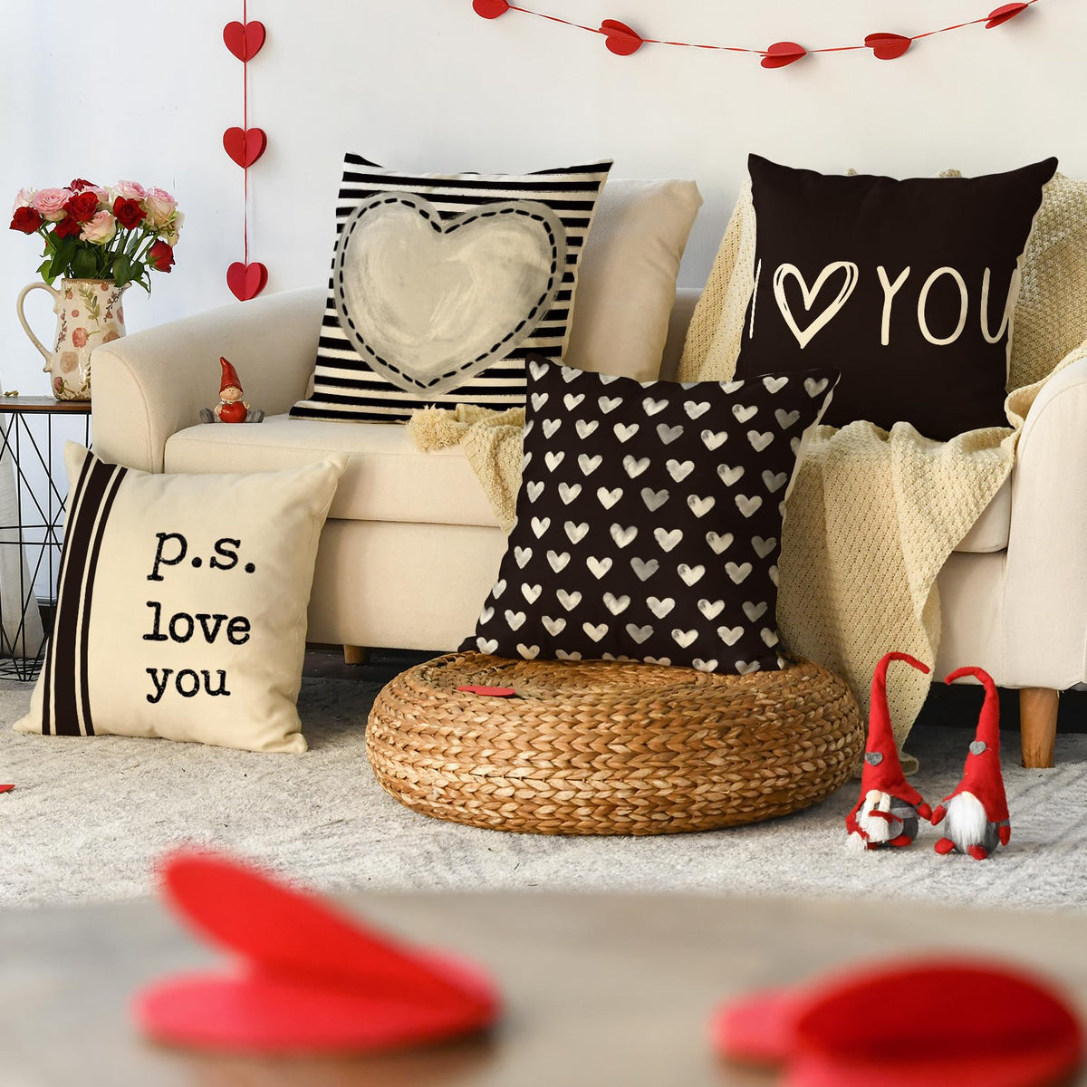 Valentine's Day I Love You Throw Pillow Covers, 18 x 18 Inch Valentine Heart Black and White Stripes p.s. Love You