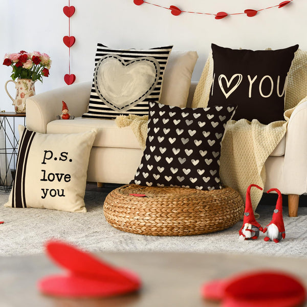 Valentine's Day I Love You Throw Pillow Covers, 18 x 18 Inch Valentine Heart Black and White Stripes p.s. Love You