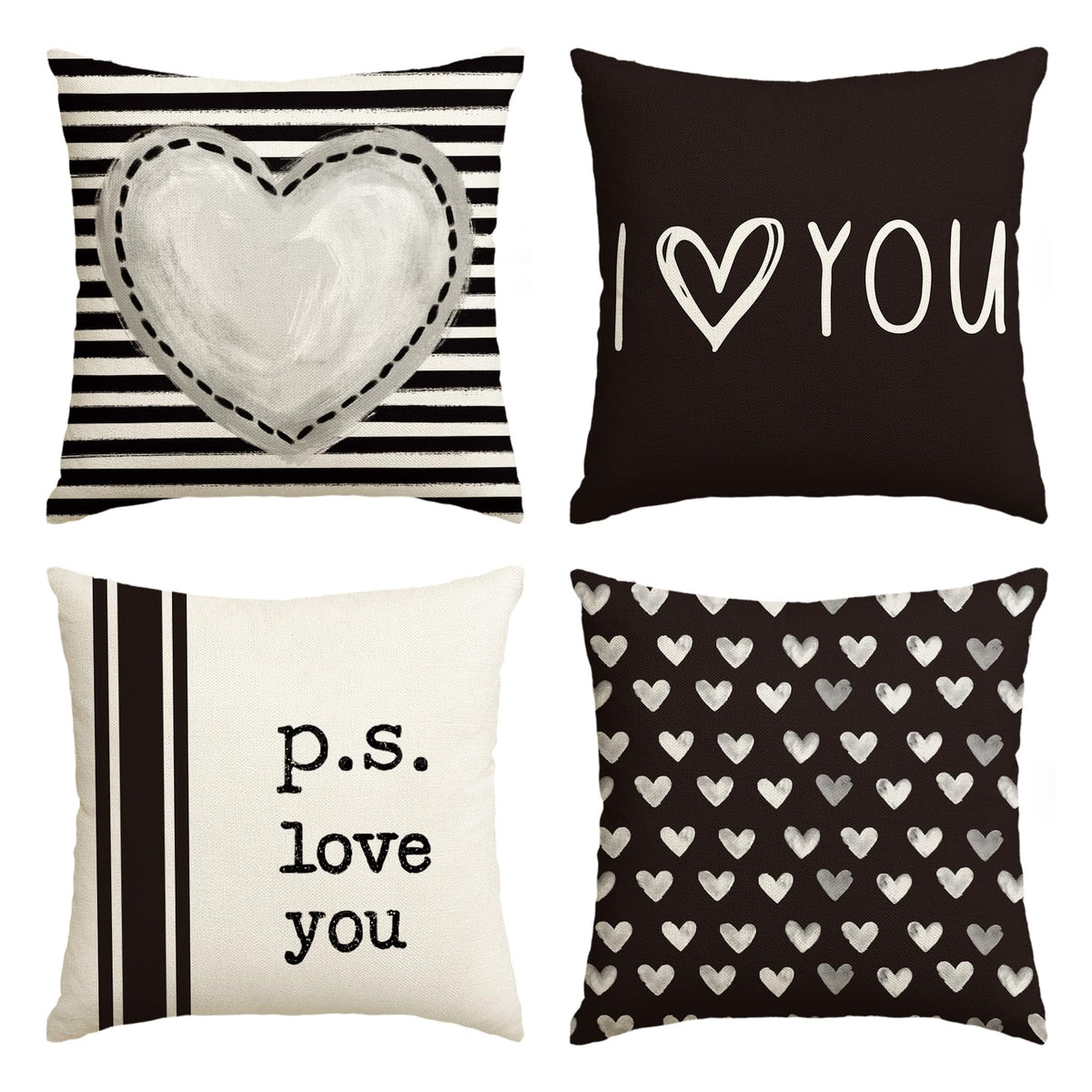 Valentine's Day I Love You Throw Pillow Covers, 18 x 18 Inch Valentine Heart Black and White Stripes p.s. Love You