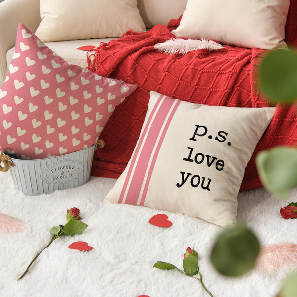 Valentine's Day I Love You Throw Pillow Covers, 18 x 18 Inch Pink Valentine Heart Stripes p.s. Love You