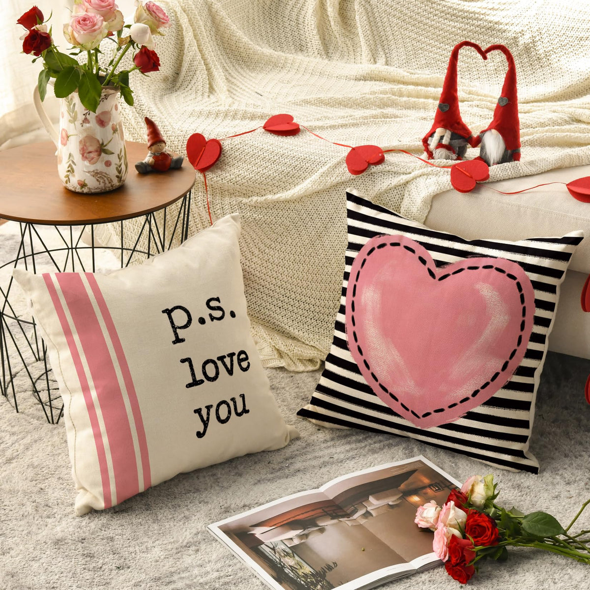 Valentine's Day I Love You Throw Pillow Covers, 18 x 18 Inch Pink Valentine Heart Stripes p.s. Love You