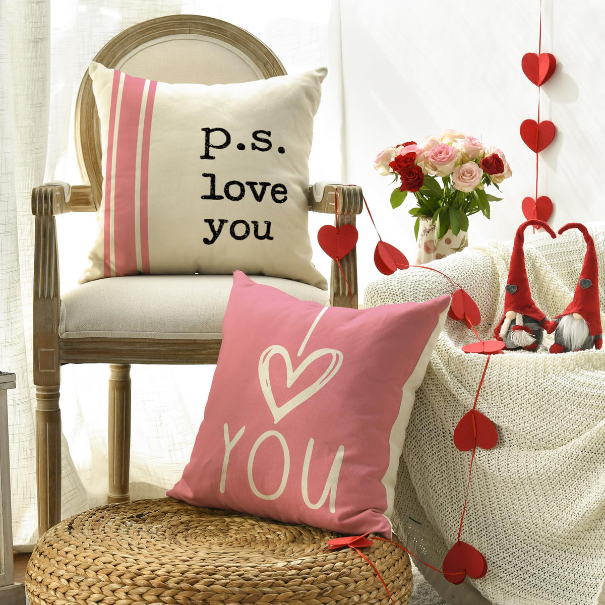 Valentine's Day I Love You Throw Pillow Covers, 18 x 18 Inch Pink Valentine Heart Stripes p.s. Love You