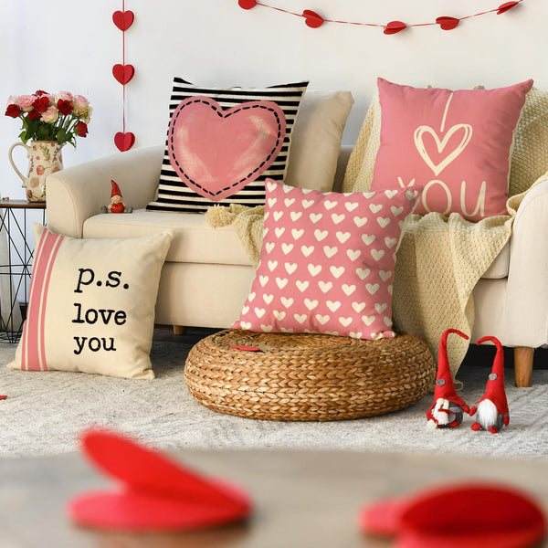 Valentine's Day I Love You Throw Pillow Covers, 18 x 18 Inch Pink Valentine Heart Stripes p.s. Love You