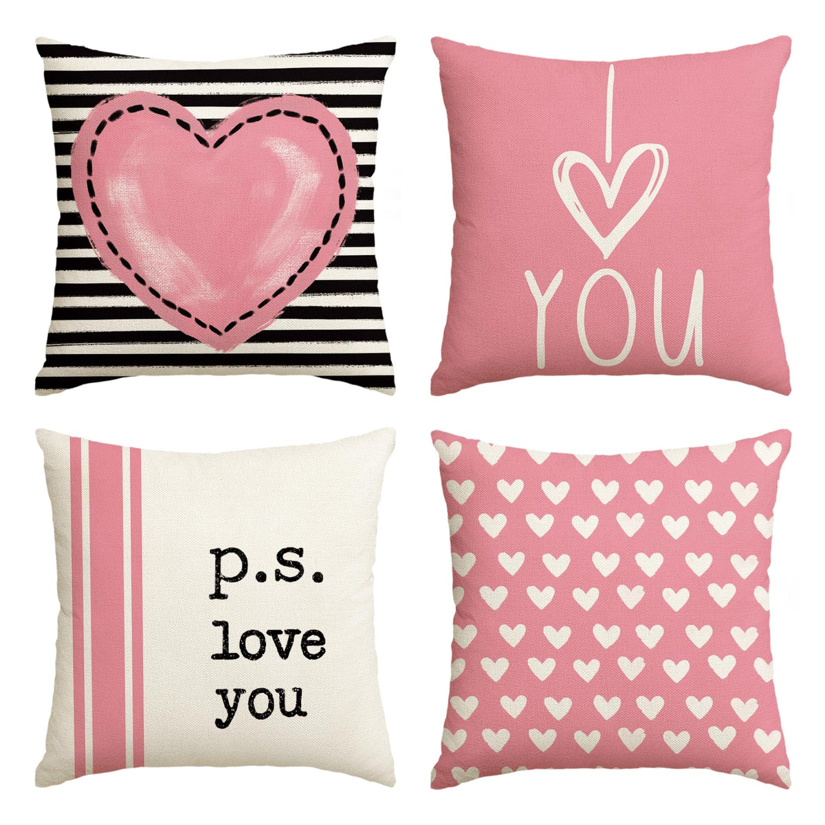 Valentine's Day I Love You Throw Pillow Covers, 18 x 18 Inch Pink Valentine Heart Stripes p.s. Love You