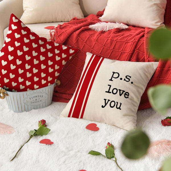 Valentine's Day I Love You Throw Pillow Covers, 18 x 18 Inch Red Valentine Heart Stripes p.s. Love You