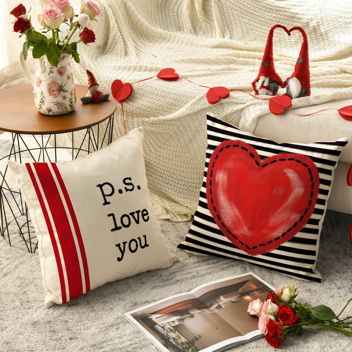 Valentine's Day I Love You Throw Pillow Covers, 18 x 18 Inch Red Valentine Heart Stripes p.s. Love You