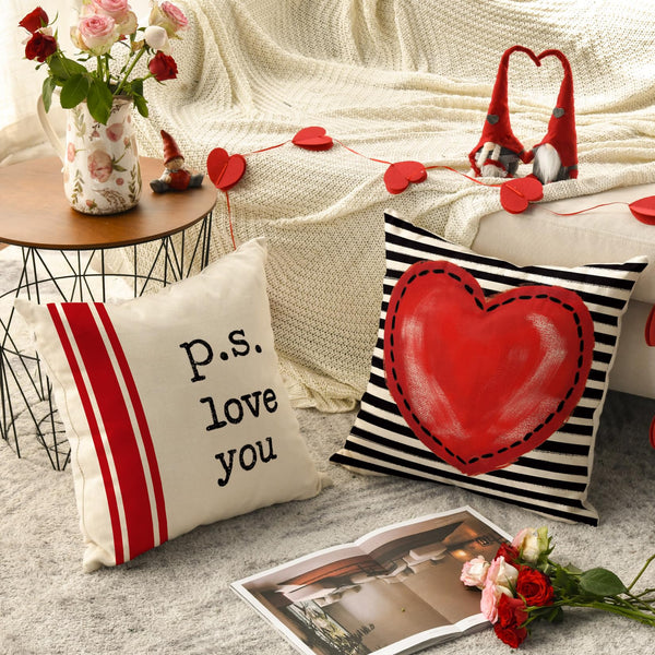 Valentine's Day I Love You Throw Pillow Covers, 18 x 18 Inch Red Valentine Heart Stripes p.s. Love You