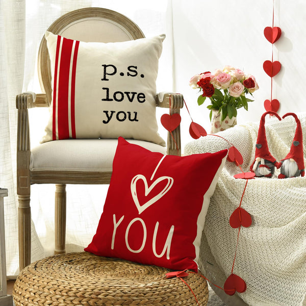 Valentine's Day I Love You Throw Pillow Covers, 18 x 18 Inch Red Valentine Heart Stripes p.s. Love You