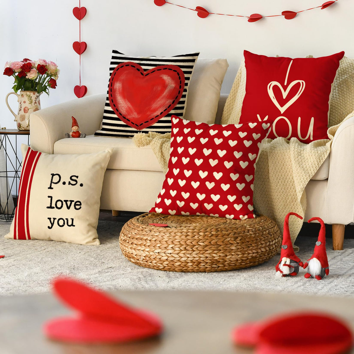 Valentine's Day I Love You Throw Pillow Covers, 18 x 18 Inch Red Valentine Heart Stripes p.s. Love You
