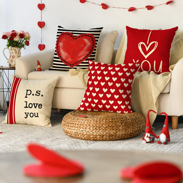 Valentine's Day I Love You Throw Pillow Covers, 18 x 18 Inch Red Valentine Heart Stripes p.s. Love You